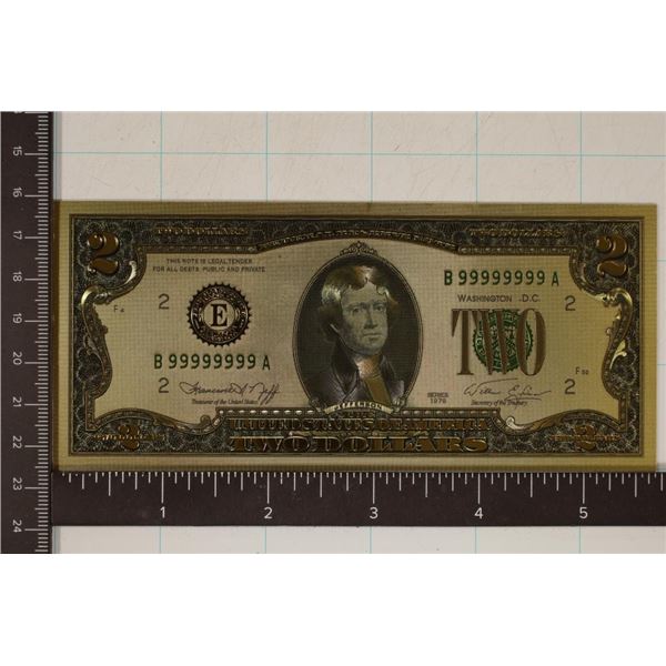 1976 GOLD FOIL US $2 BILL SERIAL #B99999999A