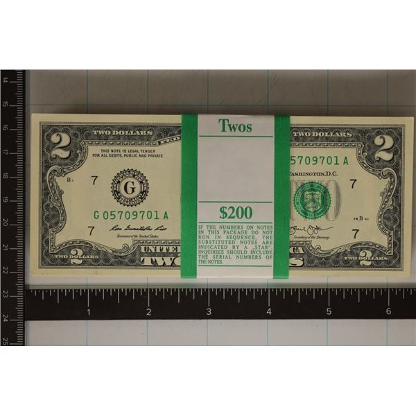 2013-100-CU CONSECUTIVE SERIAL NUMBERS US $2 BILL BLOCK