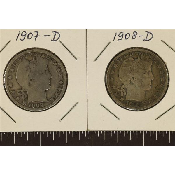 1907-D VG & 1908-D SILVER BARBER HALF DOLLARS