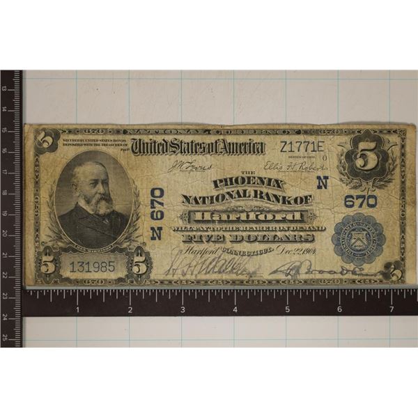 1904 US $5 LARGE SIZE NATIONAL CURRENCY HARTFORD