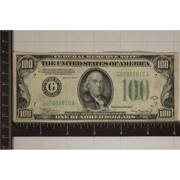 1934-A US $100 FEDERAL RESERVE NOTE GREEN SEAL