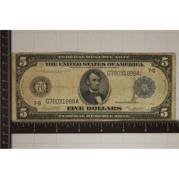 1914 US $5 LARGE SIZE FEDERAL RESERVE NOTE