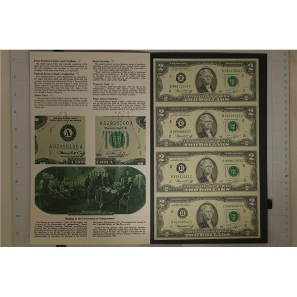 UNCUT SHEET OF 4-1976 US $2 GREEN SEAL BILLS IN