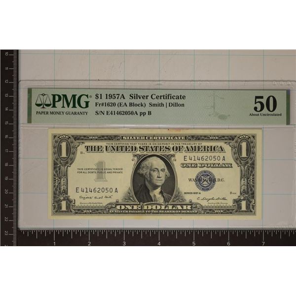 1957-A US $1 SILVER CERTIFICATE PMG ABOUT UNC 50