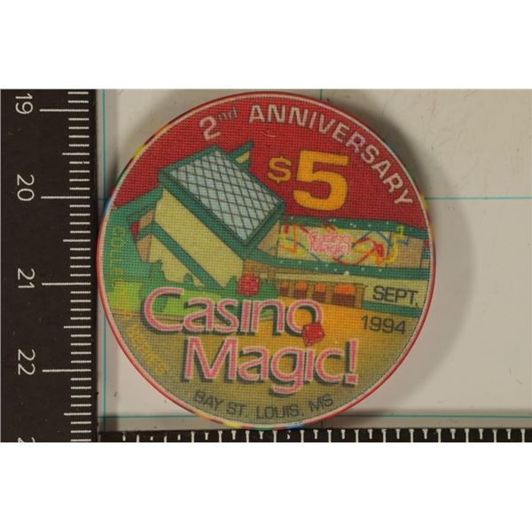 $5 CASINO MAGIC CASINO CHIP 1994 2ND ANNIVERSARY