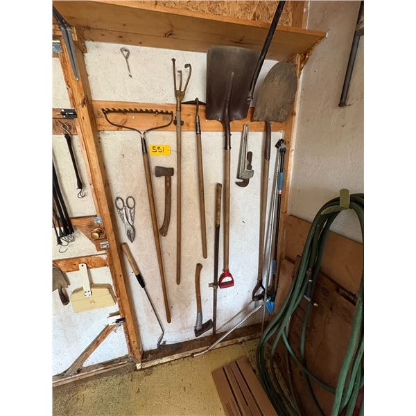 Shovels, rake, 2- axes, pipe wrench, grass whip & misc. tools