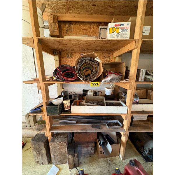 Elec. Wire blocks, misc. steel & misc. on shelf, plus lumber on top & bungee cods