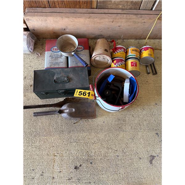 2- Coal shovels, Esso tins, tobacco tins, metal box, coffee pot etc.