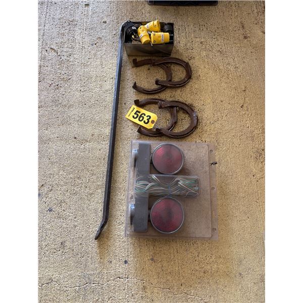 Elec. Plugs, magnetic lights, horse shoes & pry bar