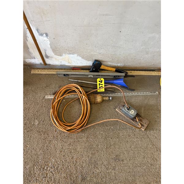 Hatchet, cord, measuring sticks, level