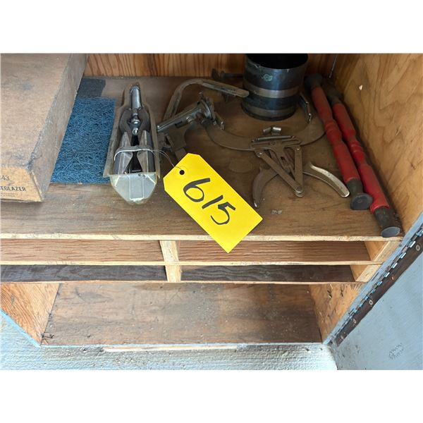 Variety of tools under counter, calipers & honer