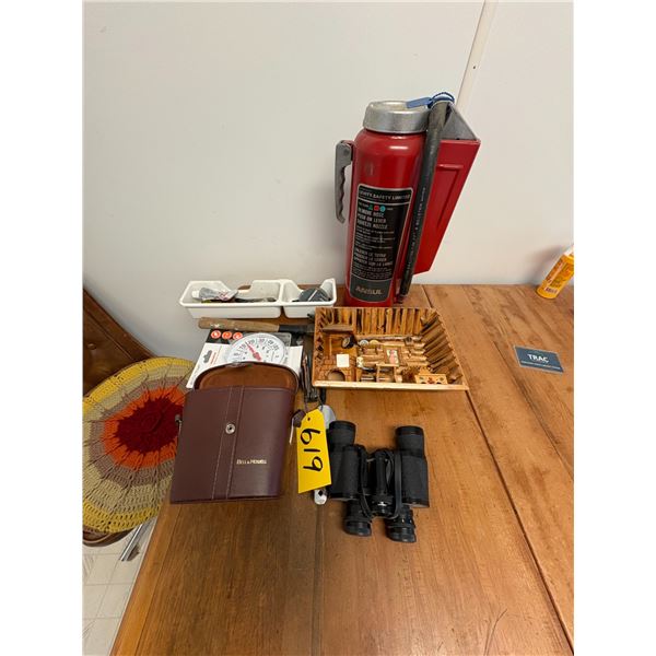 Binoculars, knife, thermometer, fire ext. hammer & misc.
