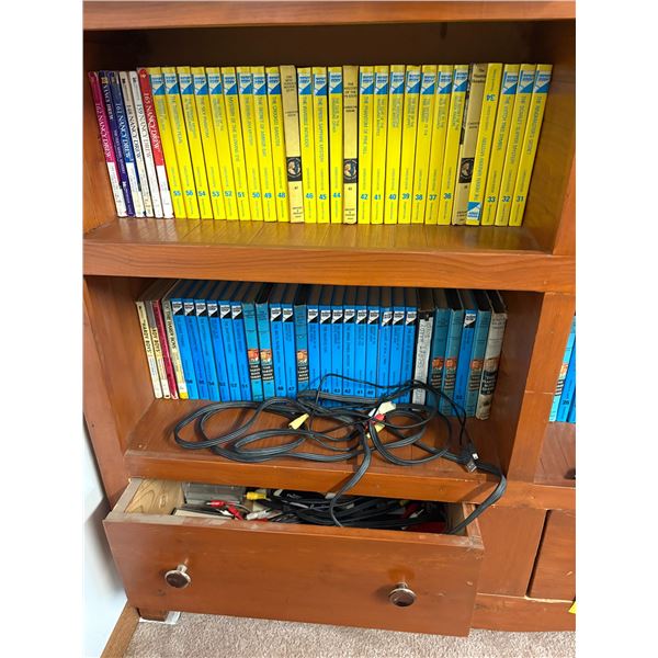 Book shelf c/w qty of Nancy Drew & Hardy Boys novels, elec. Cords & misc.
