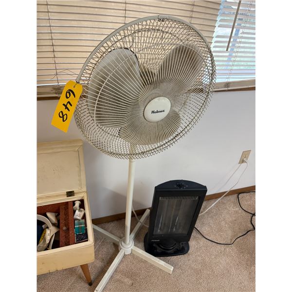 Fan, elec. Space heater, serving tray, sewing kit/foot stool & décor. wall clock