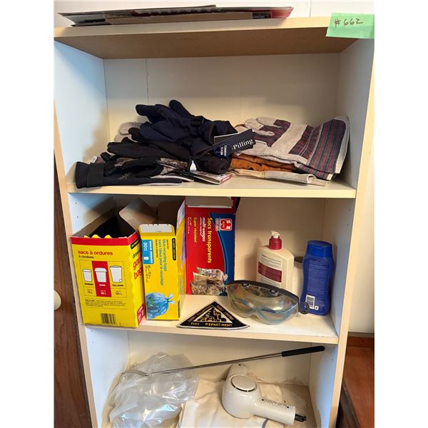 Shelf c/w gloves, trash bags, lotions, blower dryer and misc.