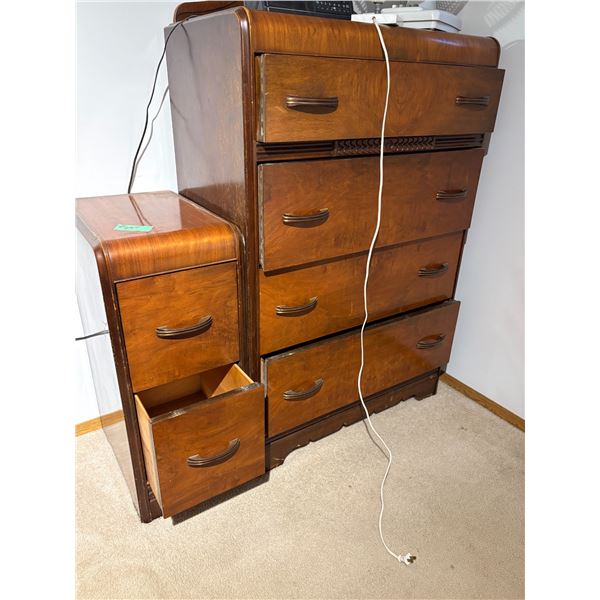 5 pc bedroom set c/w headboard, mattresses, 4-Drawer dresser c/w mirror & 3- night stands.  nice con