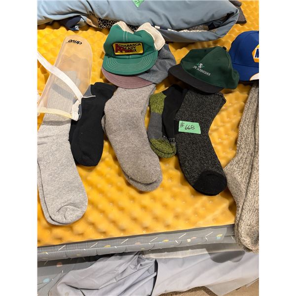 Qty of caps, lunch kits, new socks & blankets