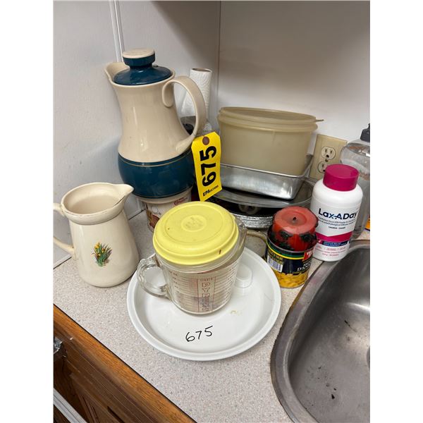 Thermos, pitcher, baking pans, qty of mugs & glasses & misc.