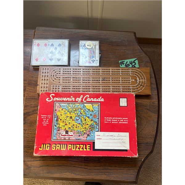 Cards, crib board & jig saw puzzle