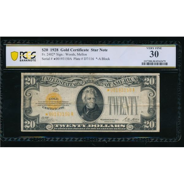 1928 $20 STAR Gold Certificate PCGS 30