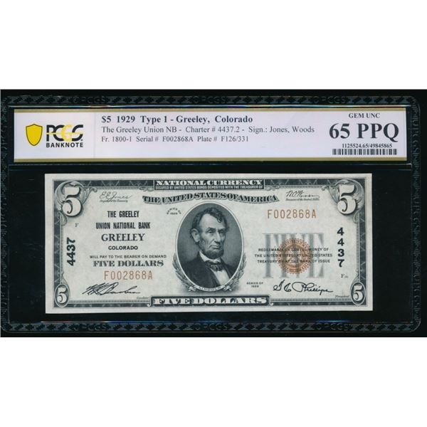 1929 $5 Greeley CO National PCGS 65PPQ