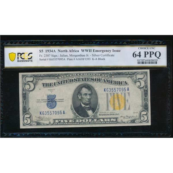 1934A $5 N Africa Silver Certificate PCGS 64PPQ