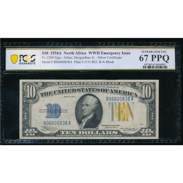 1934A $10 N Africa Silver Certificate PCGS 67PPQ