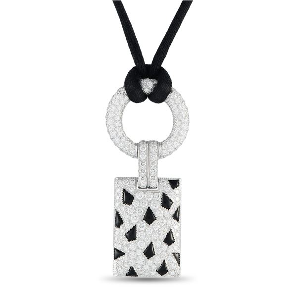 Cartier Panthere 18K White Gold 2.85ct Diamond and Onyx Pendant Necklace