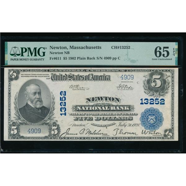1902 $5 Newton MA National PMG 65EPQ