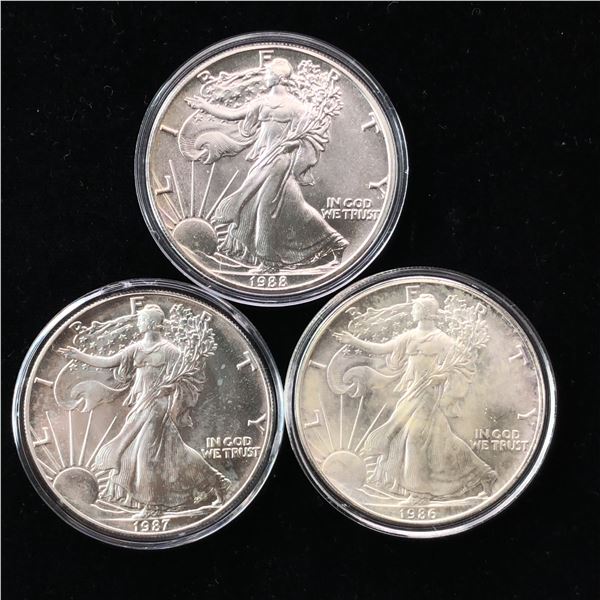 Three (3CT) 1986 1987 and 1988 American Silver Eagle Dollars First Three Eagles Issued Unc
