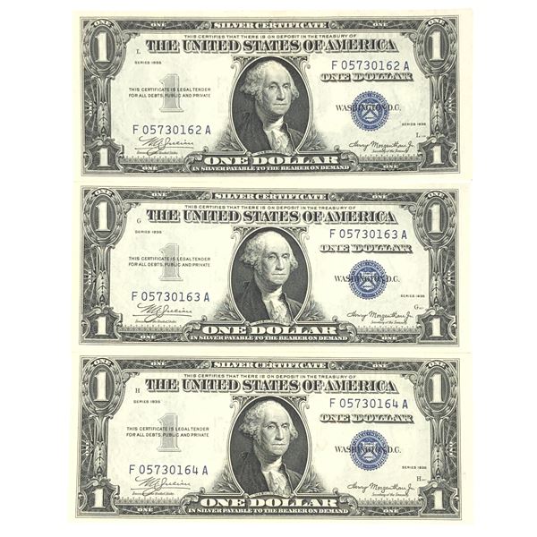 Three Consecutive 1935 Double Date Silver Certificates Crisp Unc.