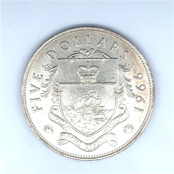 1966 BAHAMAS PIRATE DEFEAT MOTTO $5 Coin BU