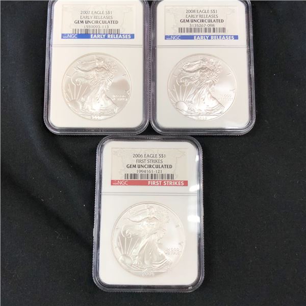 2006 2007 2008 American Silver Eagle Dollars NGC Gem BU