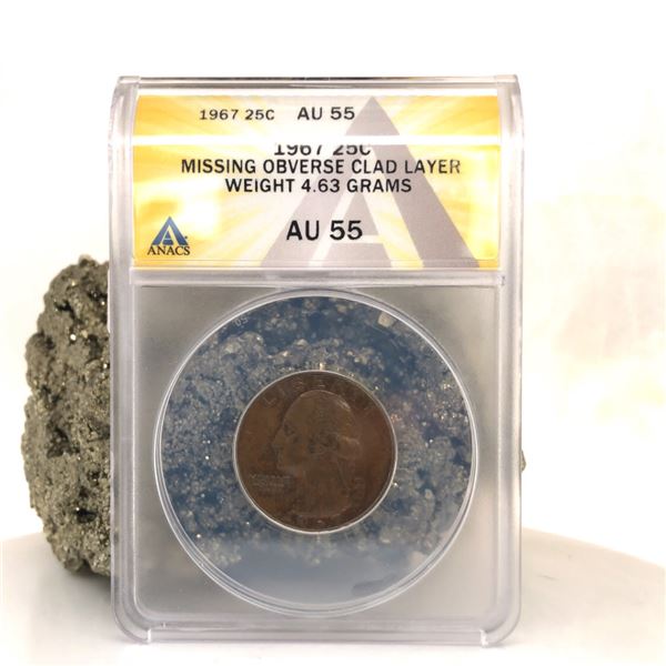 1967 US Quarter Error Missing Clad Layer AU-55