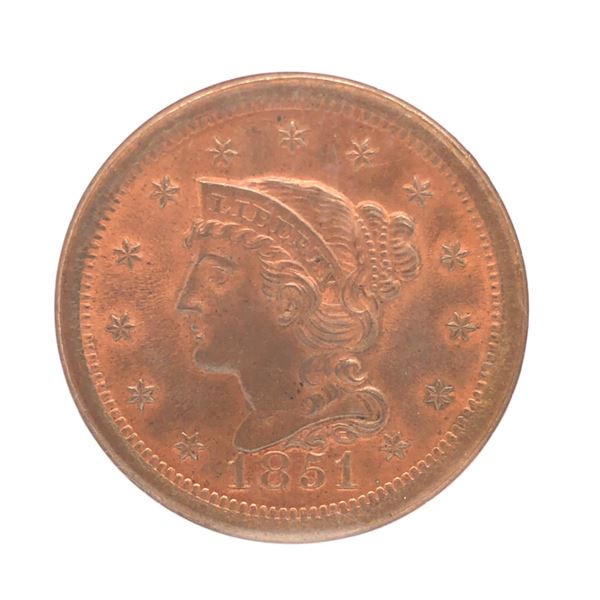 1851 Braided Hair Large Cent NGC MS67 RB
