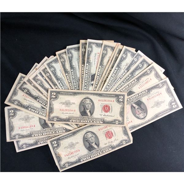 Twenty-Five (25CT) 1953-1963 USN $2 Red Seals AV Circulated