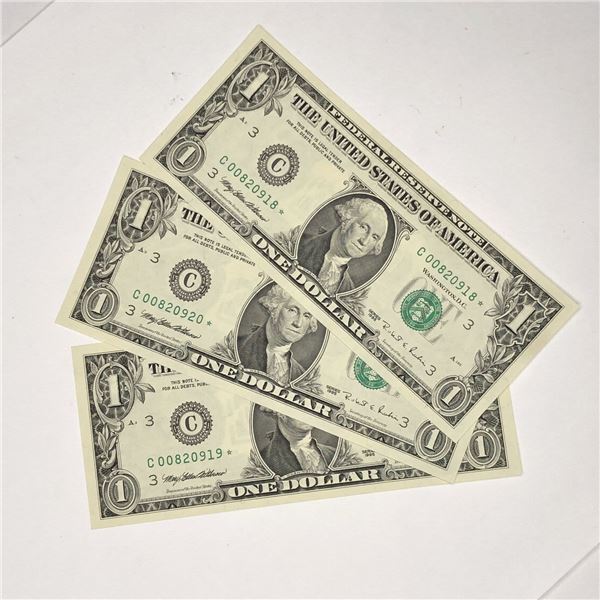 Three Consecutive 1995 C $1 FRN Star Notes Crisp Unc.