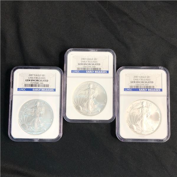 Three (3CT) 2007 American Silver Eagle Dollars NGC Gem Uncirculated ER