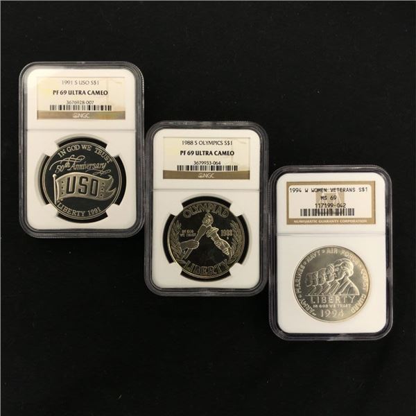 Three (3CT) US Silver Commemorative Dollars NGC PF69/MS69