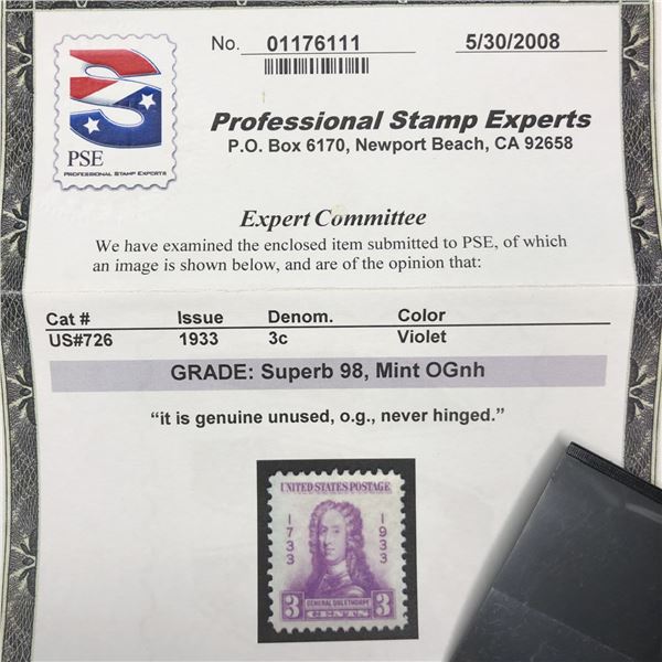US Stamp SC#726 1933 3C Violet OGNH PSE98