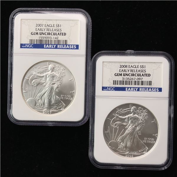 2007, 2008 American Silver Eagle Dollars NGC Gem BU