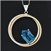 Image 3 : 14K TT Gold Interlocking Braided & Polished Circle Blue Topaz Pendant w/ Chain