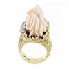 Image 8 : Vintage 14k Gold LARGE Hand Carved Lion's Head Soft Pink Angel Skin Coral Ring