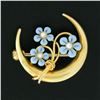 Image 2 : Antique Art Nouveau 14k Gold Crescent Moon Blue Enamel Seed Pearl Flowers Brooch