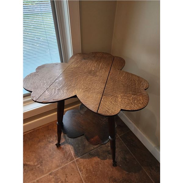 Antique Clawfoot Cloverleaf Wooden Side Table & Wall Shelf ((28 3/4" H x 26" diameter)