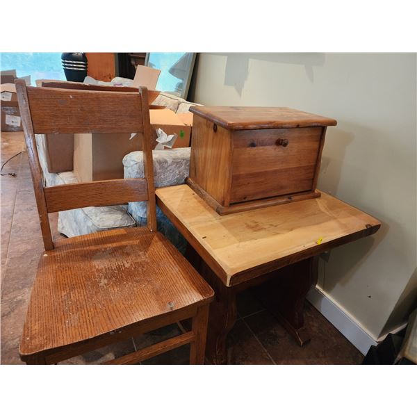 Wood Side Table & Chair & Bread Box