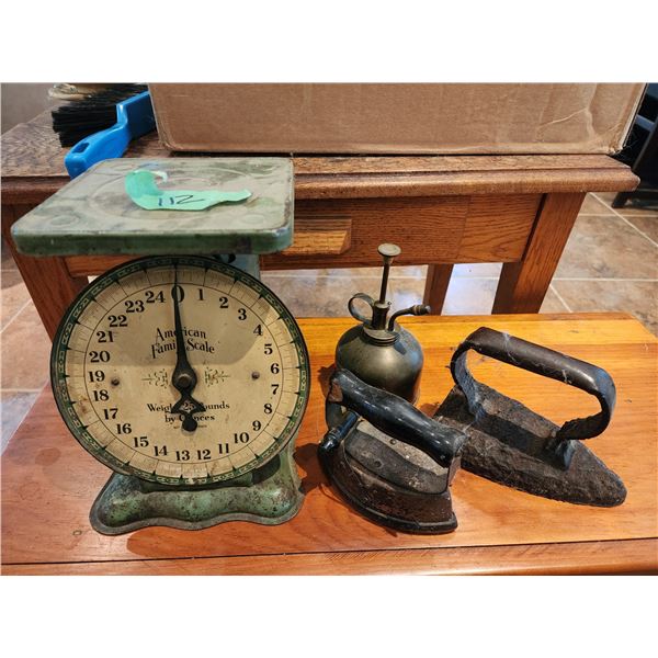 Antique Iron, Scale & Oil Can