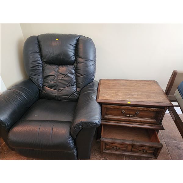 Leather Lazy Boy (38" H x 35" W) w/ Vintage Side Table (25" H x 25" L)