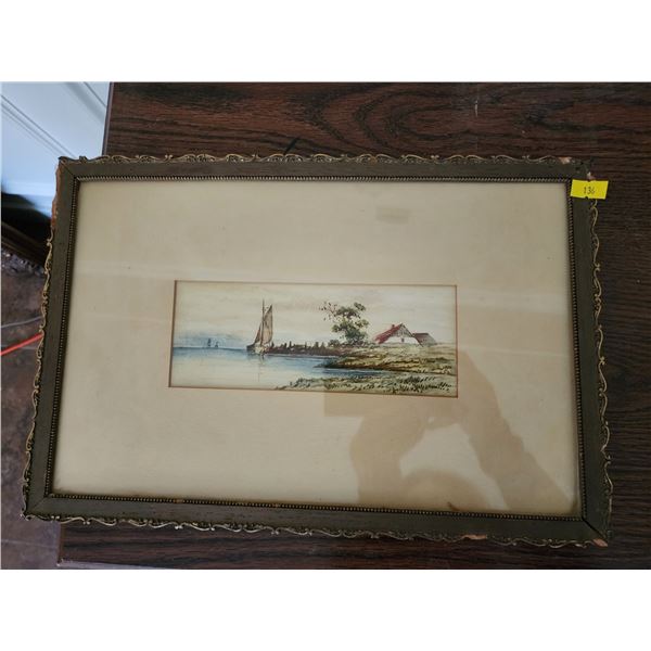 Watercolor Sailboat and Cottage in glass frame (15"W, 10"L)