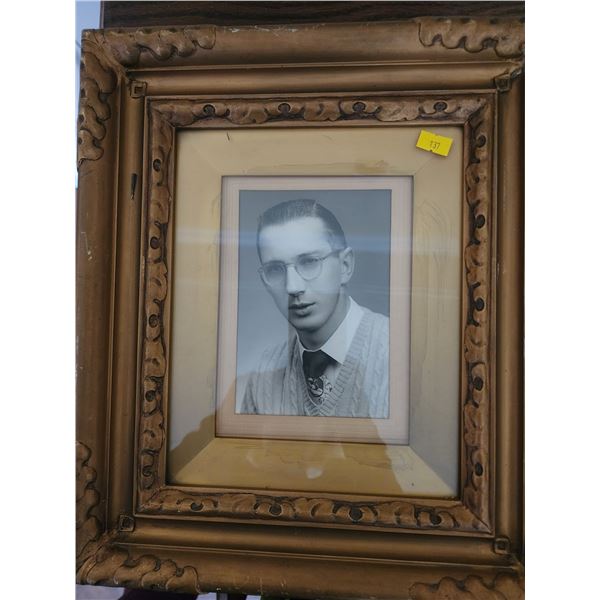 Black and White Photograph of Man Gold Color Frame w/ Glass (15"L, 13"W)